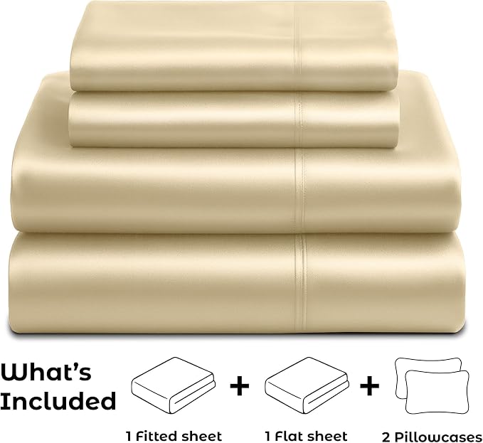 Satin Sheets Queen [4-Piece, Ivory] Hotel Luxury Silky Bed Sheets - Extra Soft 1800 Microfiber Sheet Set, Wrinkle, Fade, Stain Resistant - Deep Pocket Fitted Sheet, Flat Sheet, Pillow Cases