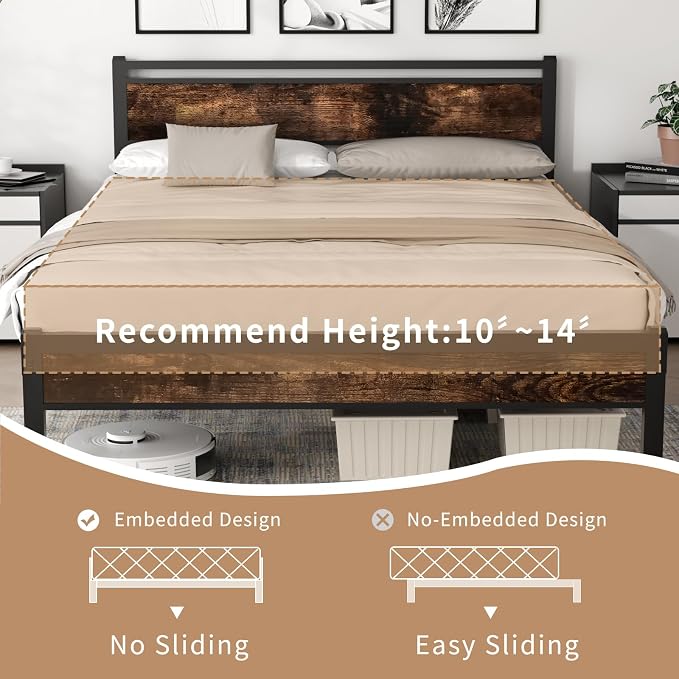 Easy Install 16 Inch Full Size Bed Frame with Headboard&Footboard | Large Under Bed Storage, No Box Spring Needed, Non-Slip Without Noise, Sturdy Steel Frame, Mattress Foundation, Brown