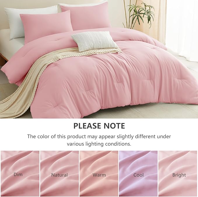 King Comforter Set, 3 Pieces Down Alternative Bedding, Pink | 270 GSM All Season Comforter with 4 Corner Ties for Use as a Duvet Insert, OEKO-TEX Certified, 2 Pillowcases, 102 x 90 in