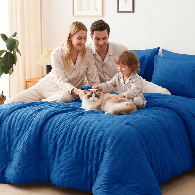 Full Comforter Sets, 7 Pieces Classic Blue Seersucker Bed in a Bag | OEKO-TEX Certified, All Season Bedding Set with 240 GSM Down Alternative Comforter, Flat & Fitted Sheets, Pillowcases & Shams