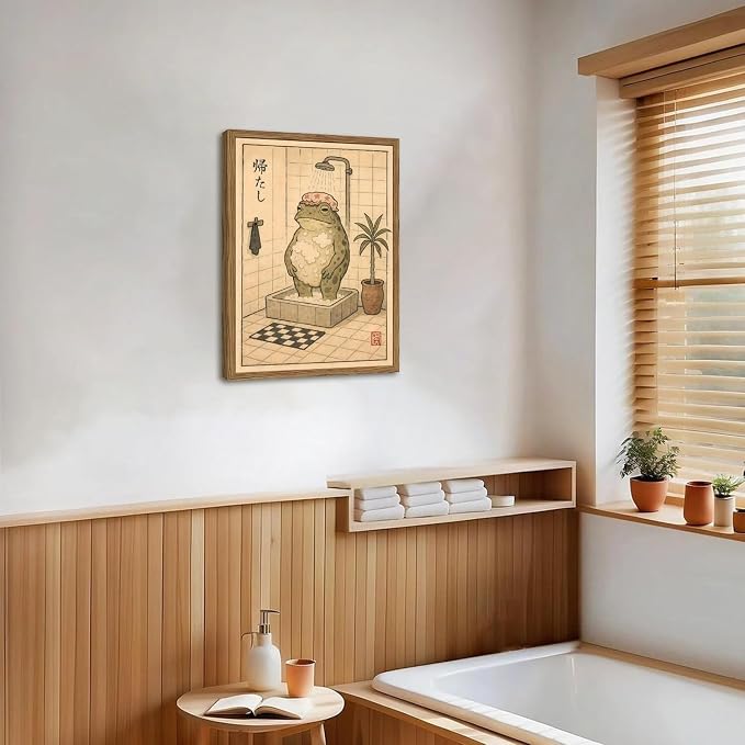 Funny Japanese Frog Bathroom Wall Art Whimsical Frog Shower Wall Decor 12x16 inch Wood Framed, Eclectic Japan Animal Bathroom Poster Painting Canvas Prints Aesthetics