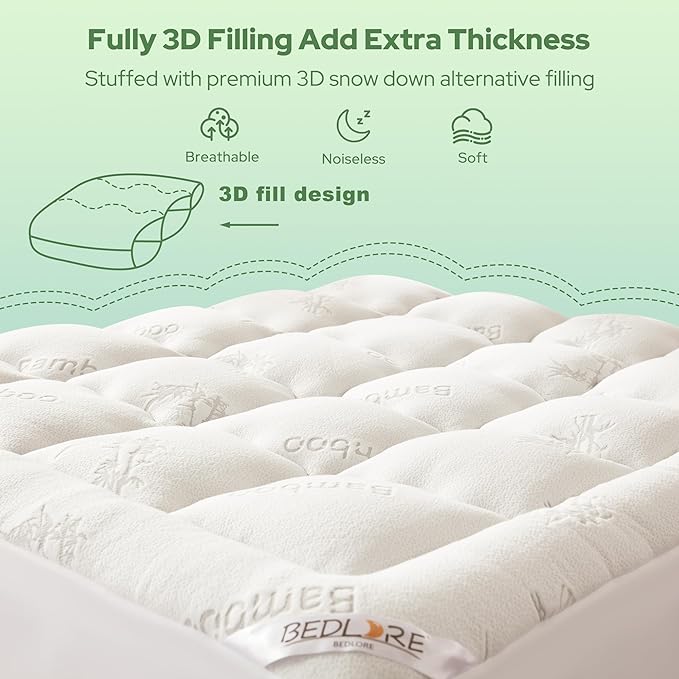 BEDLORE Twin Mattress Topper Viscose Bamboo, Thick Pillow Top Mattress Pad | Stretchable Pockets Fit 6"-15" Mattress, Soft Breathable Mattress Topper for Back Pain Relief and Hot Sleepers(White)