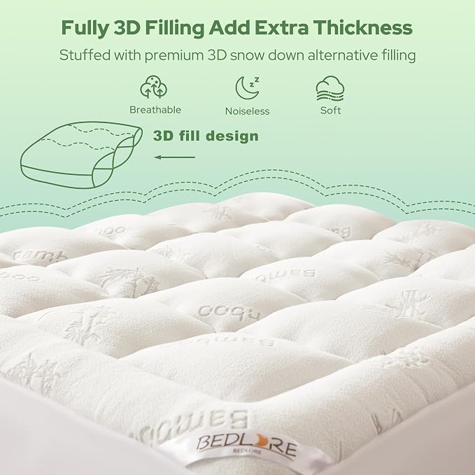 BEDLORE Full Size Mattress Topper Viscose Bamboo, Pillow Top Mattress Pad | Stretchable Pockets Fit 6"-15" Mattress, Soft Breathable Thick Mattress Topper for Back Pain Relief & Hot Sleepers(White)
