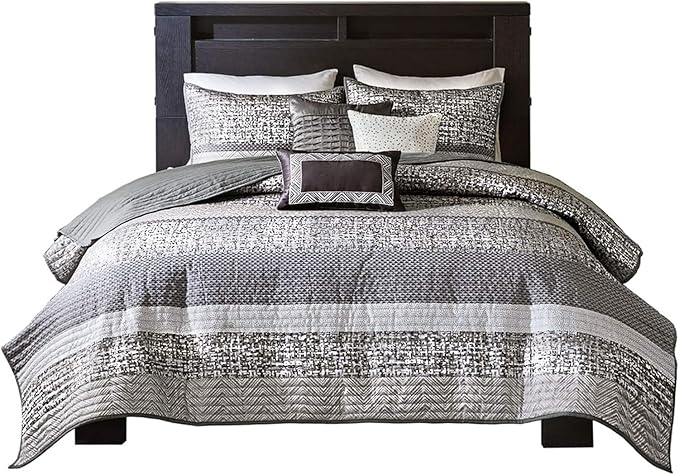 Madison Park Lustrous Jacquard Grey/Taupe Queen Quilt Set, 6pc | All Season Bedding Set, Glitter Accent Coverlet Set, Machine Washable, Cozy, Breathable, Soft, Modern, Casual