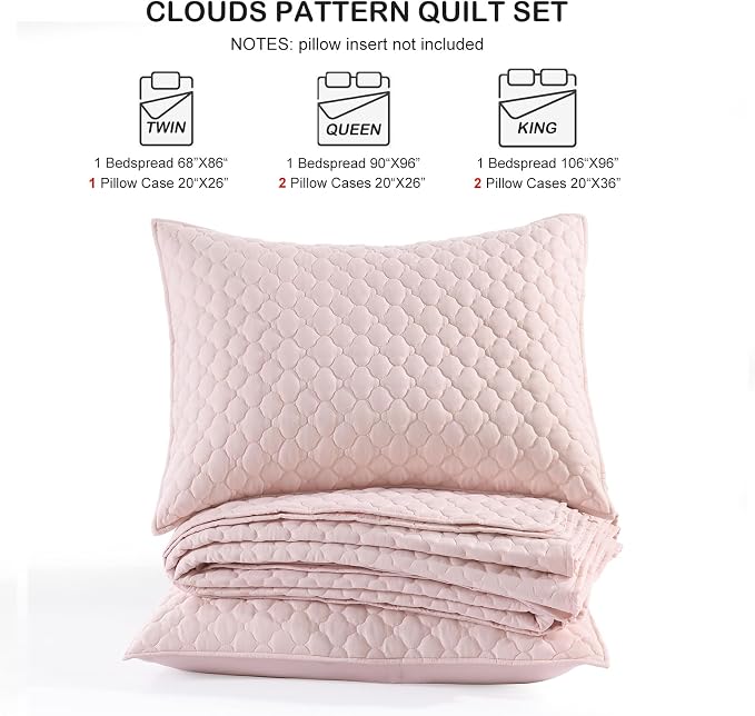 HORIMOTE HOME Quilt King Size Light Pink, Lightweight Quilt for Summer Ultra-Soft Microfiber Modern Style Quilted Clouds Pattern Bedspread Quit Set 3 Pieces(1 Quilt and 2 Pillow Shams)