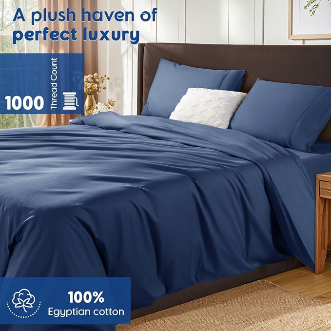 SONORO KATE 1000 Series 100% Egyptian Cotton Queen Duvet Cover Set,3PC | Long Staple Cotton,Sateen Weave,Soft,Breathable,Luxury Hotel Bedding,All-Season,Hidden Zipper Closure,Navy Blue