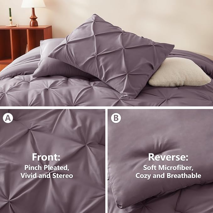 HIMEET King Size Comforter Set Dusty Purple - 7 Pieces Pintuck Bed in a Bag | OEKO-TEX Certified, 240GSM Down Alternative Comforter, 14" Deep Pocket Fitted Sheet + Flat Sheet + 2 Pillowcases + 2 Shams