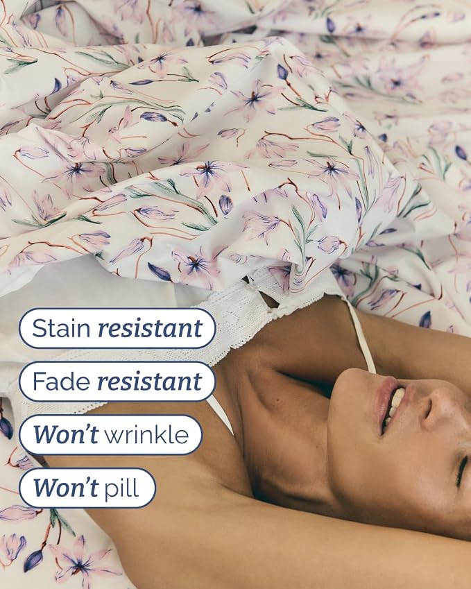 King 3 Piece Boho Botanical Floral Sheet Set - Breathable & Cooling - Iris | 1 Flat, 1 Fitted & 1 Pillowcase w/ Deep Pockets, Boho Botanical Floral Bedding, Breathable & Cooling, Wrinkle & Fade Free