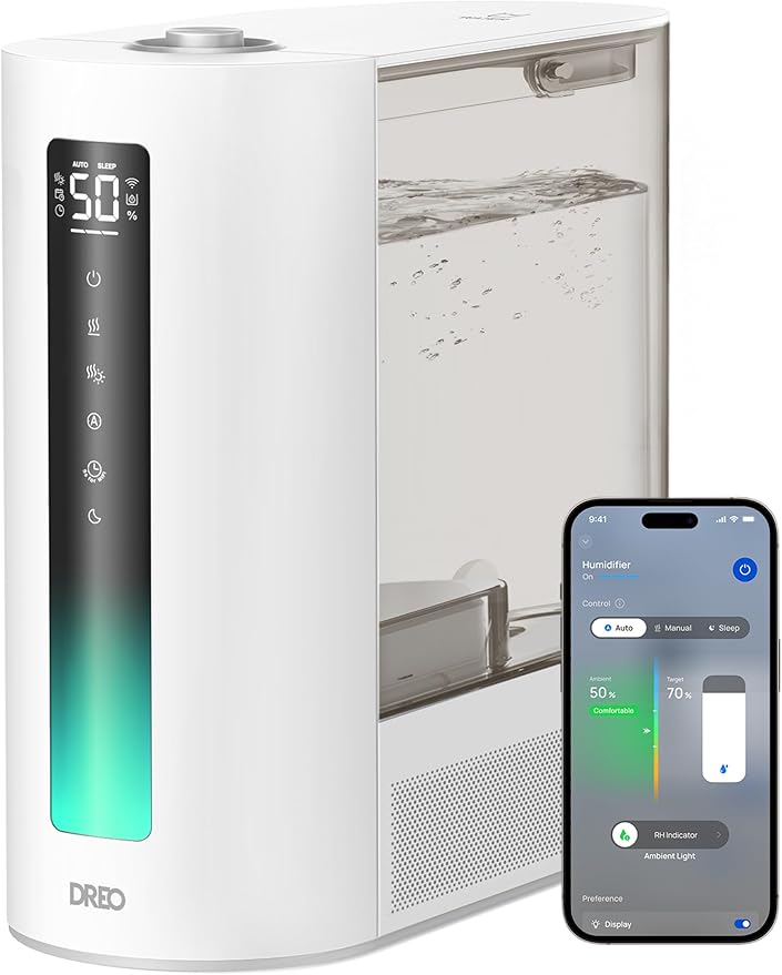 DREO 6L Smart Humidifiers for Bedroom, Warm & Cool Mist for Large Room | 60-Hour Quiet Runtime, 500ML/H Output, Smart Humidity Sensor, Indicator Light, App Control, Works with Alexa & Google, White