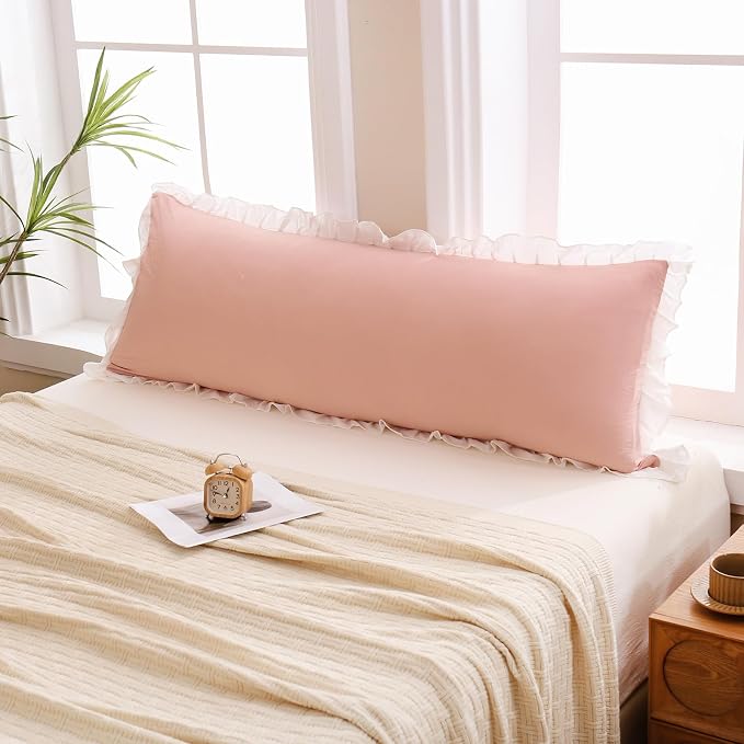 Merryword Pink Body Pillow Cover 20x54inches Reversible Long Pillowcase Ruffled Body Pillowcases Cute Pillowcase Pillow Sham (1 Body, Pink White)