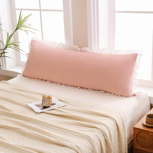 Merryword Pink Body Pillow Cover 20x54inches Reversible Long Pillowcase Ruffled Body Pillowcases Cute Pillowcase Pillow Sham (1 Body, Pink White)