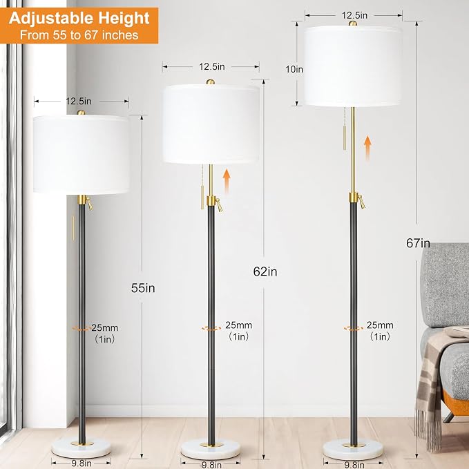 Qingmiao Floor Lamp for Living Room Adjustable Tall Standing Lamp, 3-Way Dimmable Floor Lamp for Bedroom Office, Black Gold Lamp with Marble Base and White Linen Shade