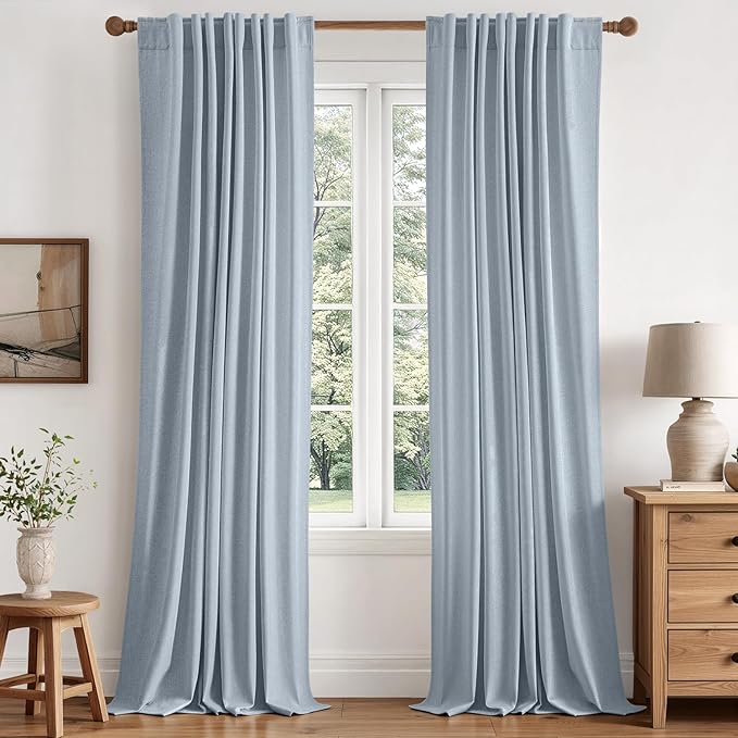 MIULEE 100% Blackout Linen Curtains for Bedroom 40W x 96L Light Blue | 2 Panels, 96 inches Long, Thermal Insulated, Room Darkening, Black Out Drapes for Living Room, Back Tab Rod Pocket