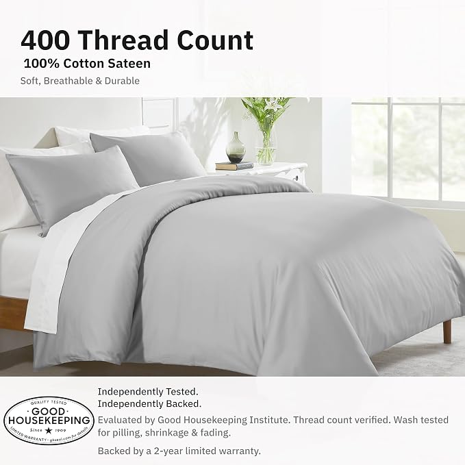 California Design Den Luxury Duvet Cover Set Twin XL, Light Grey | Soft 400 Thread Count 100% Cotton Sateen Backed by GH Seal, Duvet Cover & Pillow Sham 2 Pc Set, Button Closure & Corner Ties