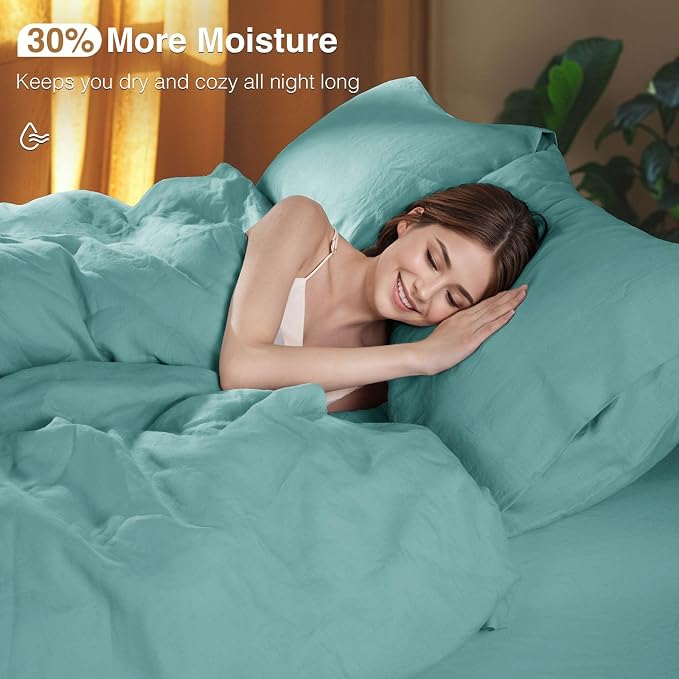SONORO KATE 100% French Linen King Duvet Cover Set,Zipper Closure,3PC | Natural French Flax,Soft Breathable for Hot Sleepers,Moisture Wicking & Durable,4 Corner Ties,Aqua