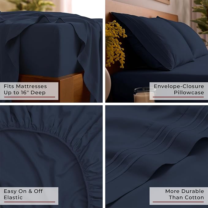 Mellanni Iconic 4-Piece, Ultra Soft Sheet Set (Queen, Navy Blue) | 10M+ Sleepers. Lab-tested: Sleeps Cool, Stays Bright, Strong, Smooth. Good Housekeeping Best Bedding, 7 yrs running.