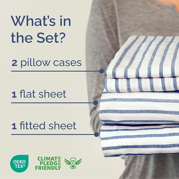 Queen Size 4 Piece Sheet Set - Breathable & Cooling Sheets - Blue Stripes | Hotel Luxury Bed Sheets for Women & Men, Deep Pockets, Easy-Fit, Extra Soft and Wrinkle Free Sheets, Oeko-Tex Bed Sheet Set