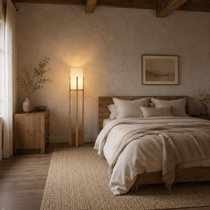 Farmhouse Style Floor Lamp,57 Inch,for Living Room | Natural Wood Frame,Linen Lampshade,Soft Ambient Glow,3000K Warm Light,Suit for Couch Bedroom,Boho Decor