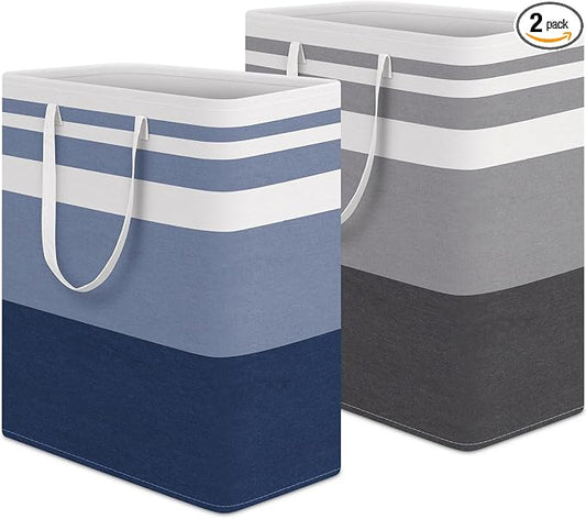 HomeHacks 2 Pack Laundry Baskets, Laundry Hampers Bags (Grey+Blue 100L) | Waterproof, Freestanding, Collapsible Clothes Hamper with Reinforced Handles in Laundry Room, Dorm, Bathroom, Bedroom