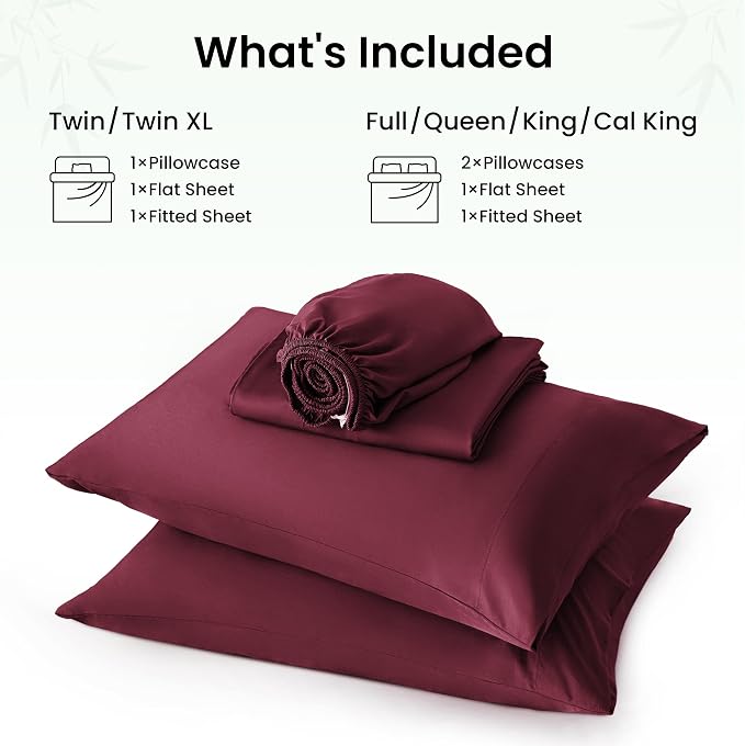 Love's cabin 4 Piece California King Size Sheet Set, 100% Rayon Derived from Bamboo, Cooling & Breathable, Soft Silky Deep Pocket up to 16", Hotel Luxury Bedding for Hot Sleepers, Burgundy