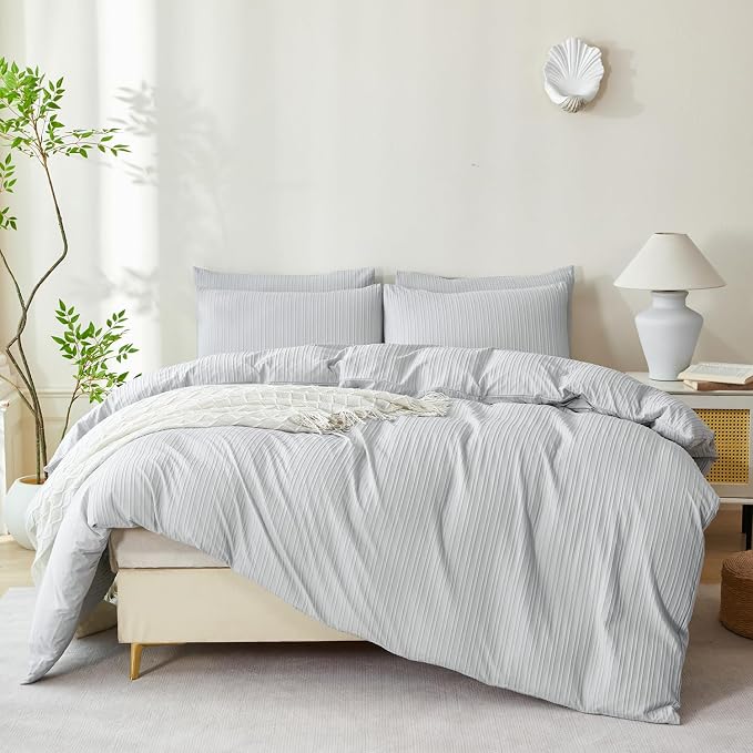 Light Grey Comforter Set King Soft Luxury Washed Microfiber Jacquard 3 Pieces Bedding Set, Grey Vertical Ticking Stripes Pattern Comforter with 2 Pillowcases Breathable Durable Comfy