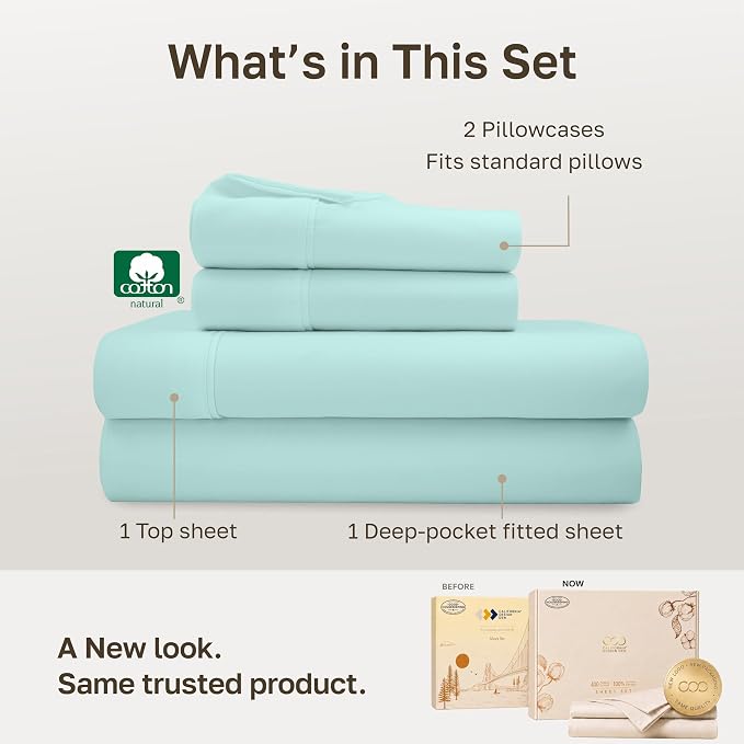 California Design Den Soft 100% Cotton Sateen Full-Size Bed Sheets Set | 400 Thread Count Backed by Good Housekeeping Seal, 16" Deep Pocket, All-Around Elastic, Durable, Easy Care - Seafoam