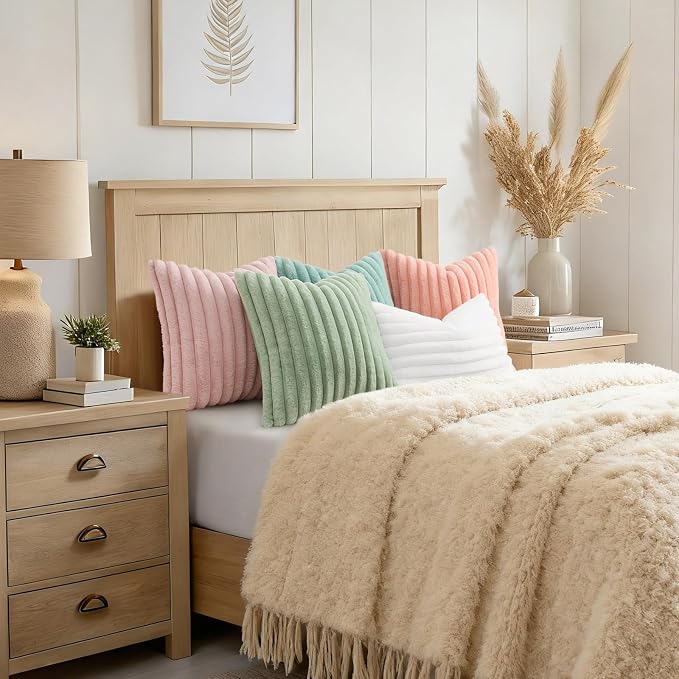 decorUhome Fall Faux Fur Throw Pillow Covers 22x22 Set of 2 Aqua | Decorative Soft Cozy Striped Plush Modern Farmhouse Boho Couch Pillow Cases Velvet Back for Sofa Bed Living Room Home Decor