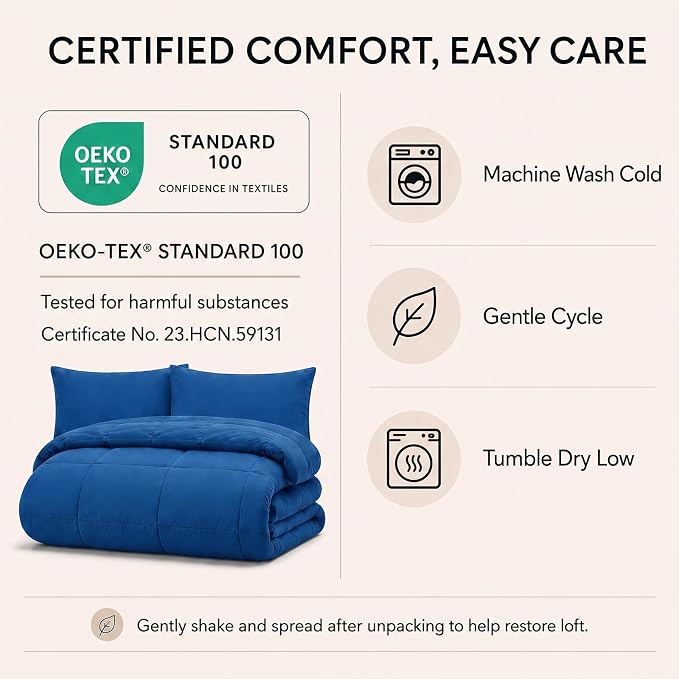King Size Comforter Set Classic Blue - 7 Pieces Bed in a Bag | OEKO-TEX Certified, All-Season, Bedroom, Guest Room, Down-Alternative Comforter + Flat & Fitted Sheets + 4 Pillowcases
