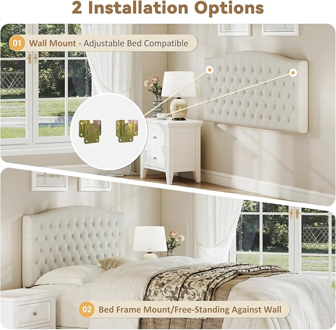 Queen Headboard Only, Linen Classic Tufted Design, Ivory | 2 installation options: 1.bed frame mount 2.wall mount (for adjustable bed), Classic hand-tufted headboard king size