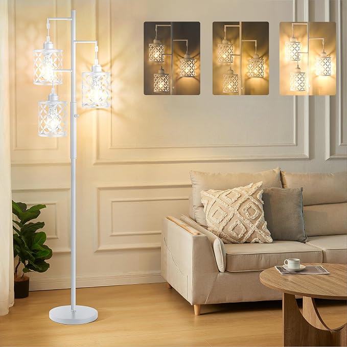 68" Industrial Tree Floor Lamp, Dimmable Farmhouse Tall Stand Light with Metal Cages & Rotary Dimmer Knob, Corner Decor Lighting for Living Room Bedroom Cafe, 3 x 800LM Bulbs Included-White