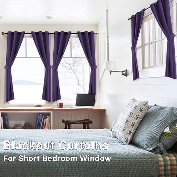 KOUFALL Dark Purple Window Curtains for Bathroom 2 Panels Set Room Darkening Small Short Blackout Curtains for Bedroom Kitchen 45 Inch Length,Royal Grape