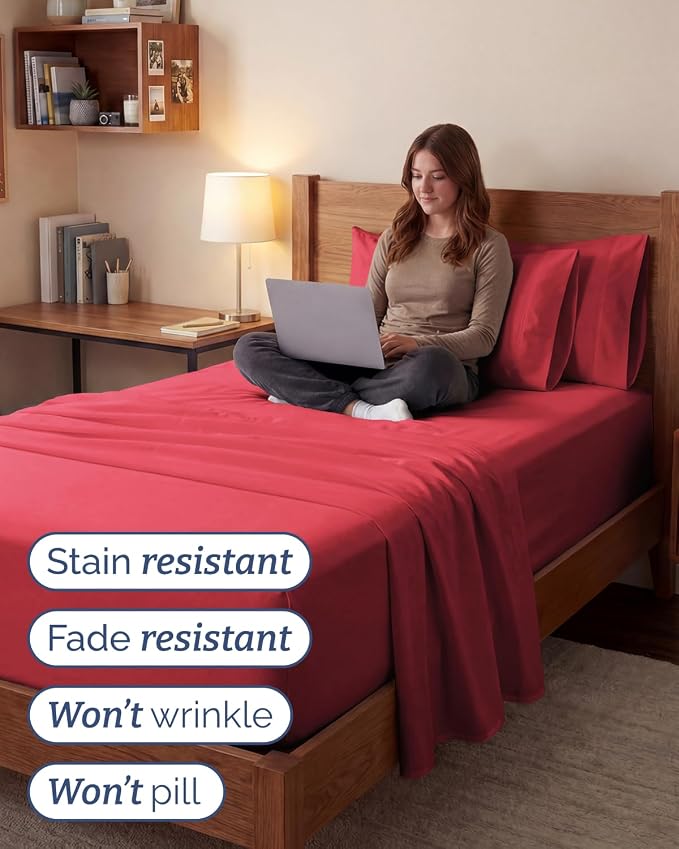 Extra Deep Twin XL Sheet Set - 4 Piece College Dorm Room - Red | College Dorm Room Essentials, Easy & Secure Fit, Ultra-Soft, Wrinkle & Fade Free, Comfy Sheets Set with Extra Deep Pockets