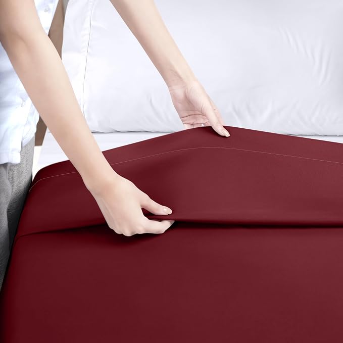 King Size Flat Sheet Only, Ultra Soft & Breathable Hotel Sheets, Burgundy | Hotel Bedding, Cooling Comfort, Smooth Feel, Wrinkle & Fade Resistant, Easy Care, Long-Lasting, Machine Washable, OEKO-TEX