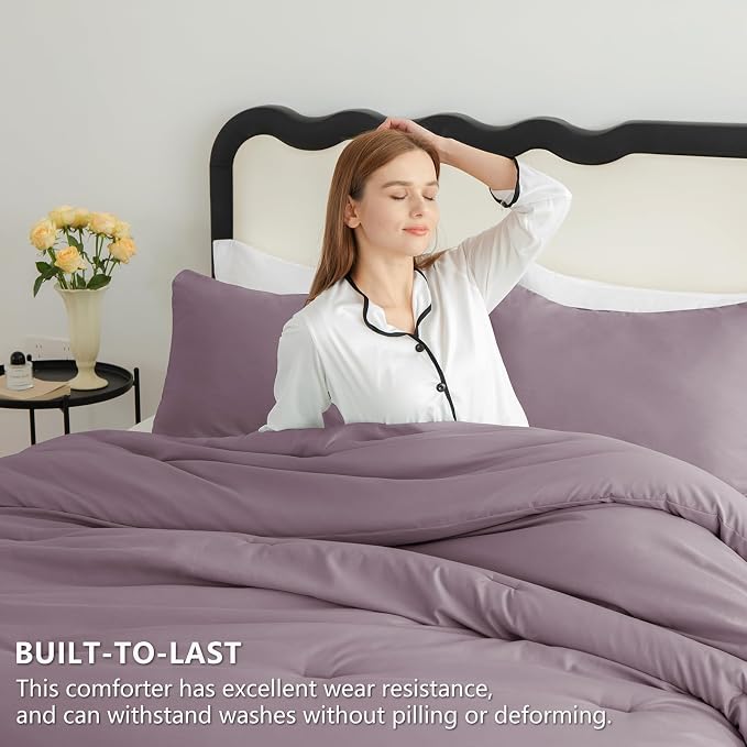 Oversized Queen Comforter Set 3 Pieces Dusty Purple Quilted Bedding | 270 GSM Down Alternative Fill, 4 Corner Ties for Duvet Insert Use, All Season, OEKO-TEX Certified, 2 Pillowcases, 98 x 98 in