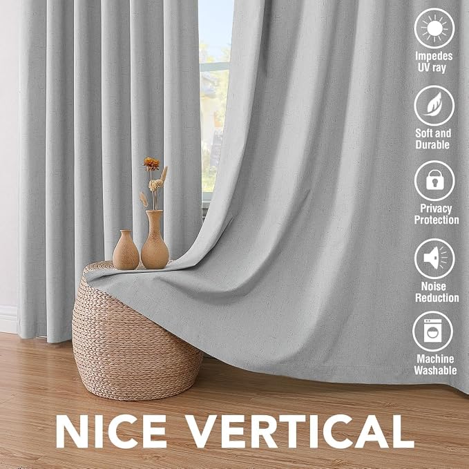 H.VERSAILTEX Blackout Curtains Linen Curtains 120 inches Long 100% Black Out Curtains for Bedroom Windows, Textured Linen Look Draperies Grommet with White Liner, 2 Panels, Glacier Gray