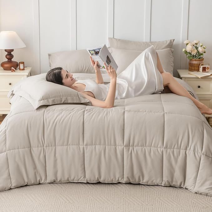JOLLYVOGUE Twin Comforter Set, Ultra-Soft Bed in a Bag Twin Size 5 Pieces, Oeko-TEX Certified Bedding Set with Down Alternative Comforter, Sheets, Pillowcases & Shams, Oatmeal