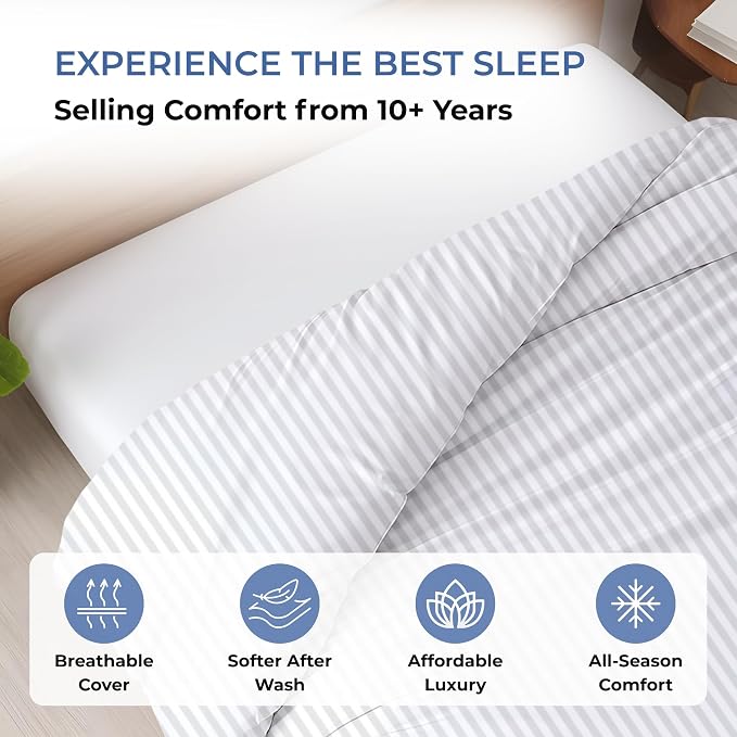 1 Pc Twin Size Duvet Cover Only -100% Egyptian Cotton 600 TC Ultra Soft Premium Durable Comforter Cover Zipper Closure & Corner Ties (Striped White, Twin/Twin XL 68" X 90")