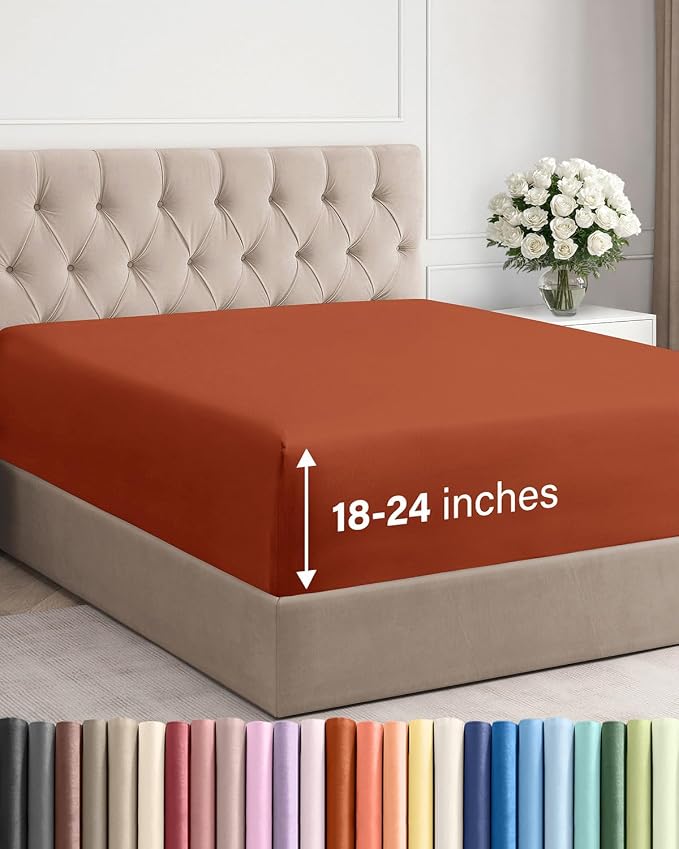 Extra Deep Queen Fitted Sheet - Single Fitted Sheet Only - Terracotta | Easily Fits 18 inch to 24 inch Mattress, Soft, Wrinkle Free, Breathable & Comfy, Extra Deep Pockets Hotel Luxury Fitted Sheet