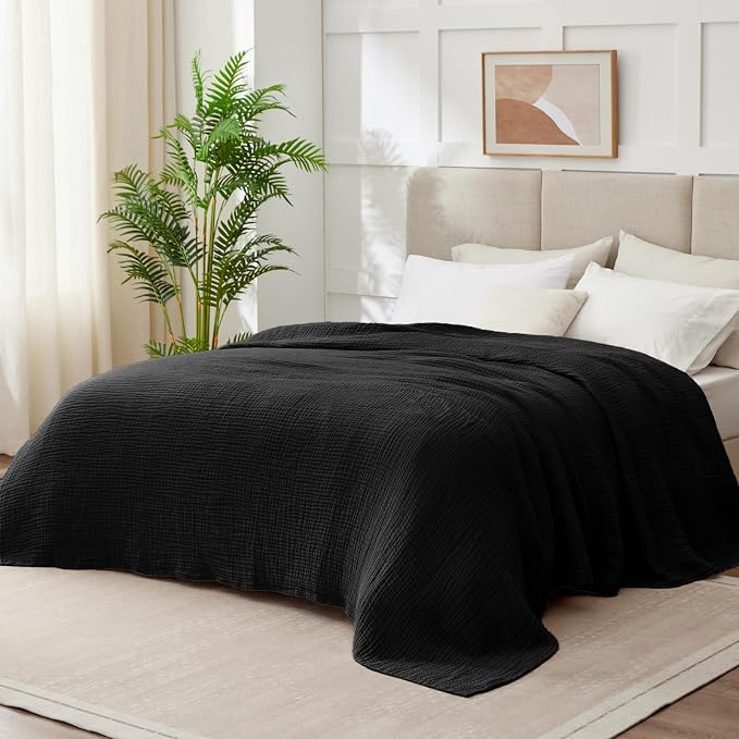 100% Cotton Muslin Blanket Large 50"x 70", 6 Layers Breathable and Lightweight Cotton Throw Blankets for Couch, Soft Cooling Summer Gauze Blanket for Adults All Season, Black