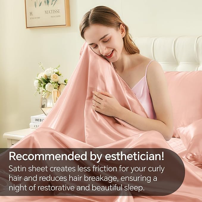 BEDELITE Satin Sheets Queen Size Bed Set, Coral Pink, 4 Pieces | Luxury Silky Bed Sheets, 15 Inch Deep Pocket, Similar to Silk, Soft and Cooling, Reduces Friction, Gentle on Hair and Skin