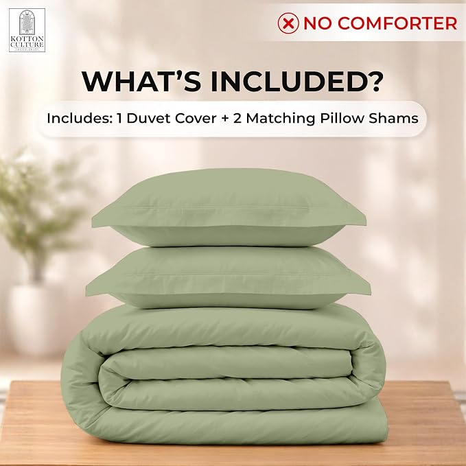 Kotton Culture 3 Pc Duvet Cover King Size Set-100% Egyptian Cotton 600 Thread Count Ultra Soft Premium Durable Comforter Cover Zipper Closure & Corner Ties - (Moss Green, 104" X 94")