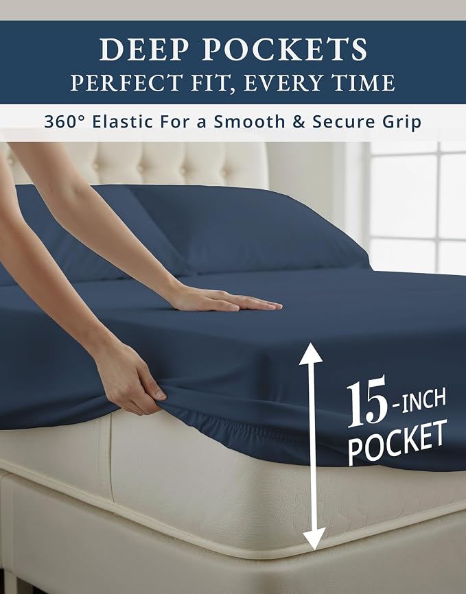 LANE LINEN Twin Bed Sheet Set 100% Egyptian Cotton Sateen - Dark Denim | Deep Pocket Twin Sheets - 3-Piece Set, Ideal For Dorms And Guest Beds, For A Luxurious Night's Sleep, Luxe Sheen