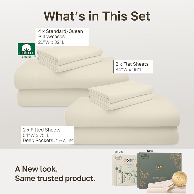 California Design Den 2 Pack 600 Thread Count Full Size Bed Sheets Sets | 100% Cotton Sateen Backed by Good Housekeeping Seal, Soft & Smooth, 16" Deep Pocket, All-Around Elastic - Cream (Warm Ivory)