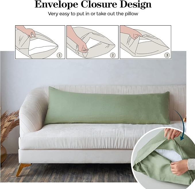 Simple&Opulence Body Pillow Cover 20" x 54",100% Pure Linen, Ultra Soft and Breathable, Body Pillowcase with Envelope Closure for Adults(Sage Green)
