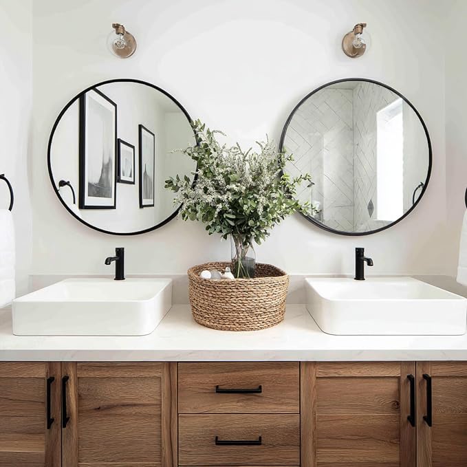 Round Mirror 22 inch, 2 Pack Black Circle Mirror, Matte Metal Frame | Matte Metal Frame, High Definition Mirror, Waterproof, Suitable for Bedroom, Bathroom, Entryway, Living Room, Vanity