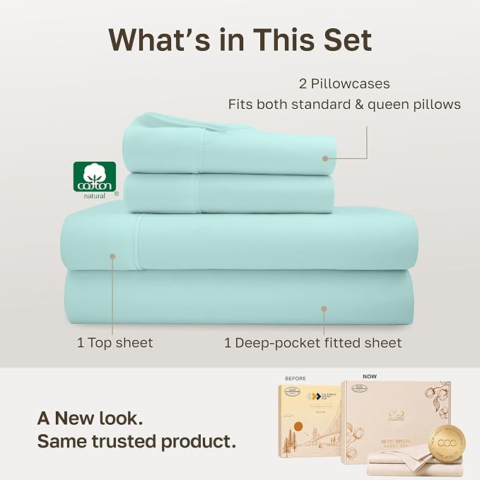 California Design Den 100% Cotton Sateen Queen Size Deep Pocket Sheet Sets | 400 Thread Count Backed by Good Housekeeping Seal, 16" Deep Pocket, All-Around Elastic, Durable, Easy Care - Seafoam