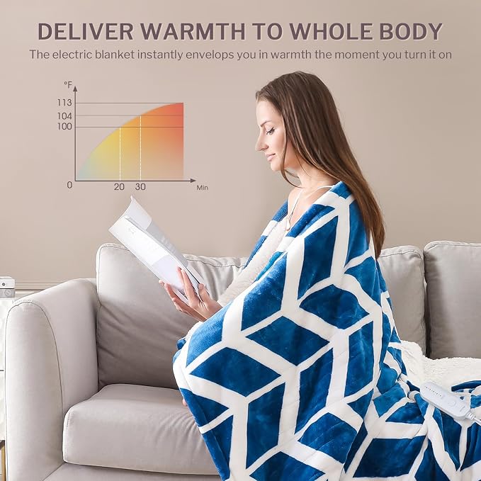 VENTIMI Heated Blanket Full, 9 Heat Levels & 2-10 Hours Auto Off, Navy | ETL & FCC, Fast Warming, 72" x 84", Flannel and Sherpa, Couch Bed Use, Machine Washable, Removable Controller