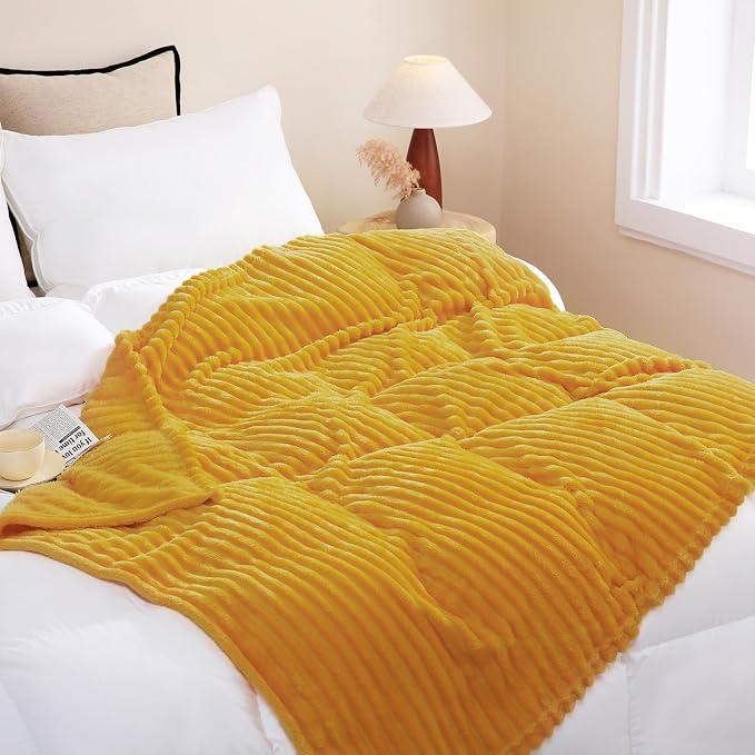 Mustard Yellow Fleece Throw Blanket 60”×80” for Couch Sofa Livingroom | Linecooo Super Soft Cozy Plush Microfiber Flannel Bed Blanket Striped Design Lightweight Home Decor Gifts for Adult Mom Women