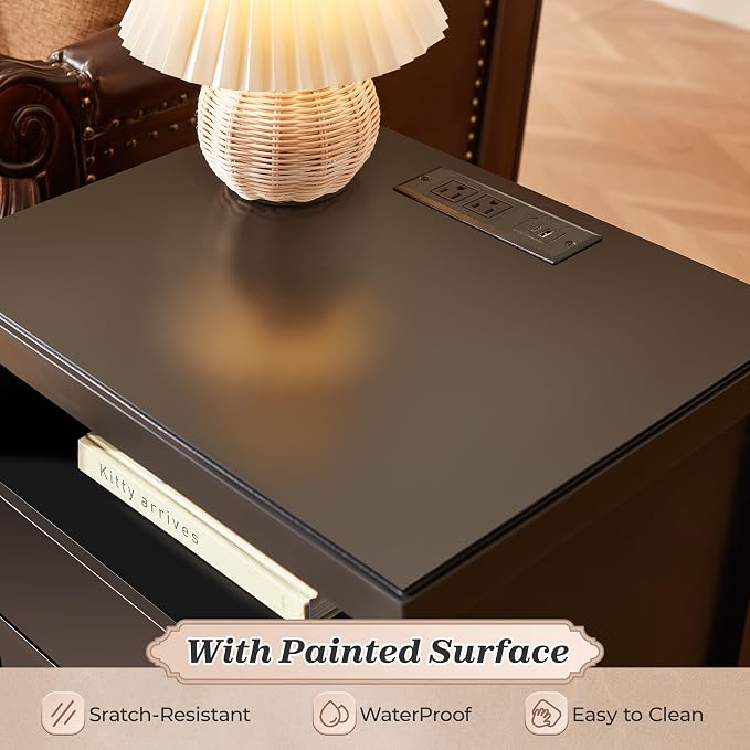 Huuger Nightstand with Charging Station, Black Nightstand with 2 Drawers | Bed Side Table for Bedroom, Bedside Table with Storage, Modern Nightstands, Metal Knobs, Painted Surface