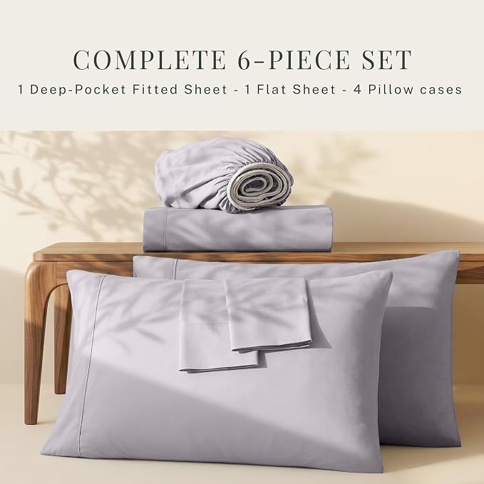 Hearth & Harbor Extra Deep Pocket Sheets - Fits Mattress 18-24 Inches Deep - Extra Deep Pocket California King Size - 6 Piece Cal King Sheets - Cal King, Light Lavender